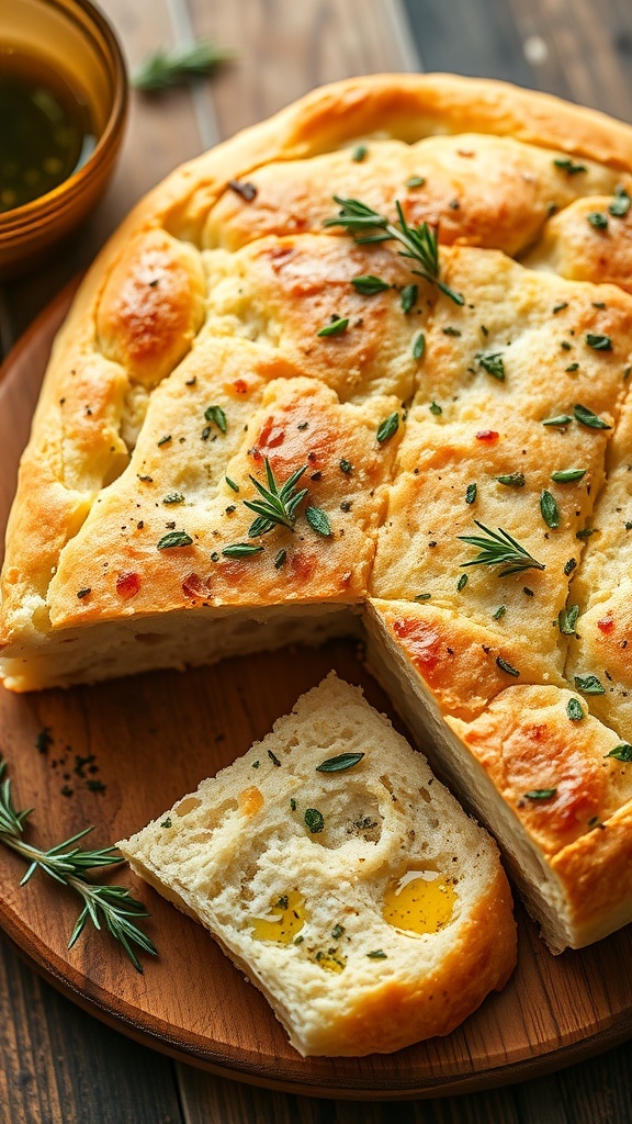 Quick No-Knead Focaccia Bread Recipe Golden-brown focaccia bread topped with herbs, sliced on a wooden board with a bowl of olive oil.